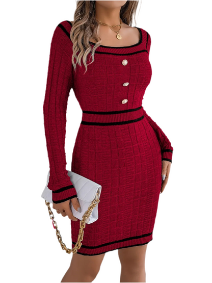 Contrast Trim Long Sleeve Sweater Dress