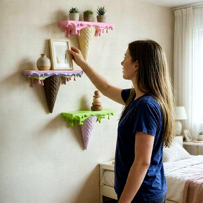 3D Printed Melting Ice Cream Floating Shelf – Wall-Mounted Drip Wall Decor, Funny Irregular Artistic Storage Rack