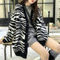 Zebra striped color blocked loose V-neck sweater