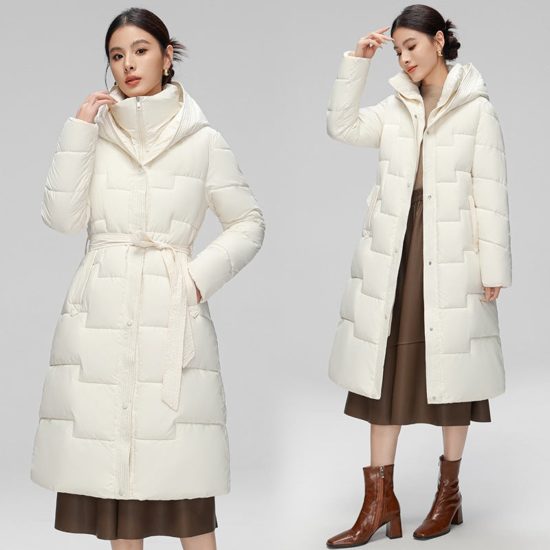 Women's  Wave Stitching Padded Jacket Hooded Mid-length Over-knee Coat