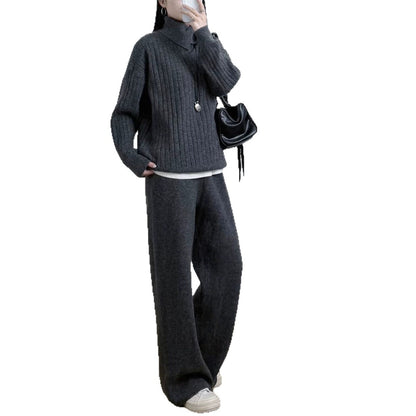 Collar sweater solid color straight leg pants two-piece set