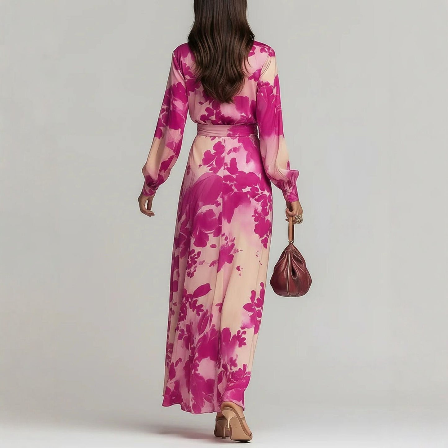 Printed Chiffon Long Sleeve V-Neck Tie-Up Dress