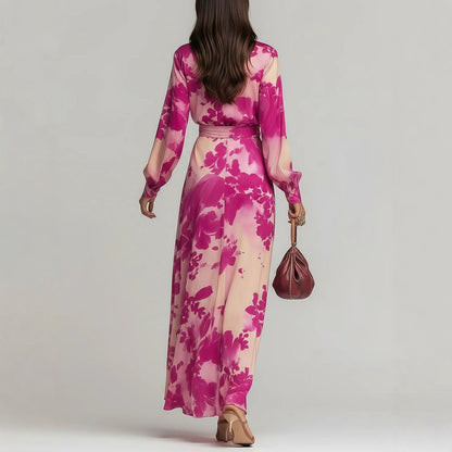 Printed Chiffon Long Sleeve V-Neck Tie-Up Dress