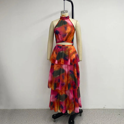 Fashionable printed round neck sleeveless waistband puffy cake skirt for women