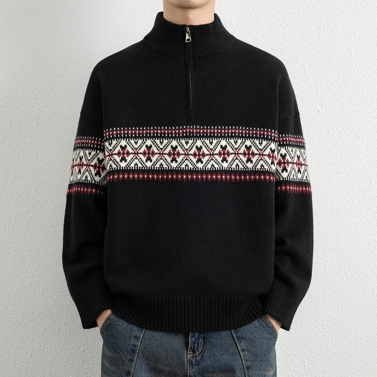 Men's Casual Ethnic Jacquard Stand Collar Half-Zip Knit Sweater