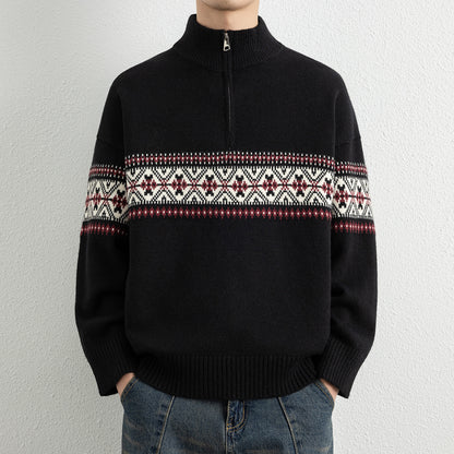 Men's Casual Ethnic Jacquard Stand Collar Half-Zip Knit Sweater