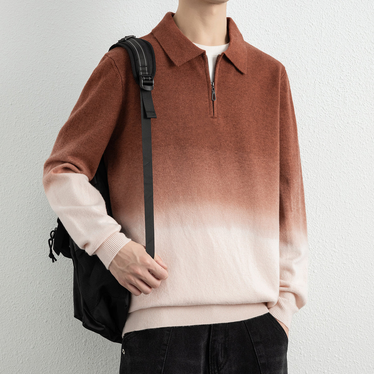 Men's Gradient Half Zip Lapel Collar Relaxed Fit Sweater