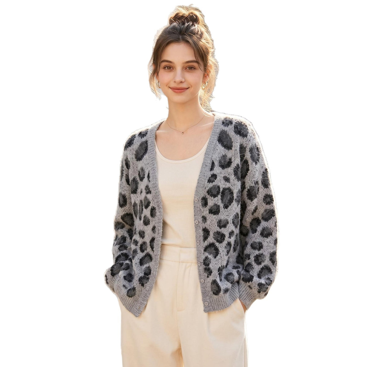 Leopard print V-neck sweater