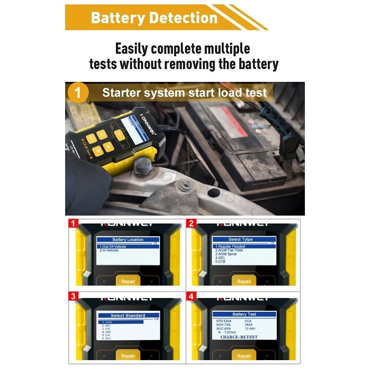 Testeur / Chargeur / Réparateur de batterie de voiture 3 en 1 KONNWEI KW510, prise en charge de 8 langues (prise UE)