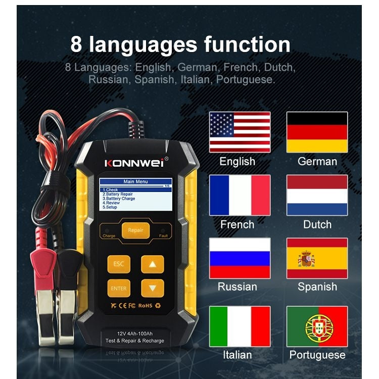 Testeur / Chargeur / Réparateur de batterie de voiture 3 en 1 KONNWEI KW510, prise en charge de 8 langues (prise UE)