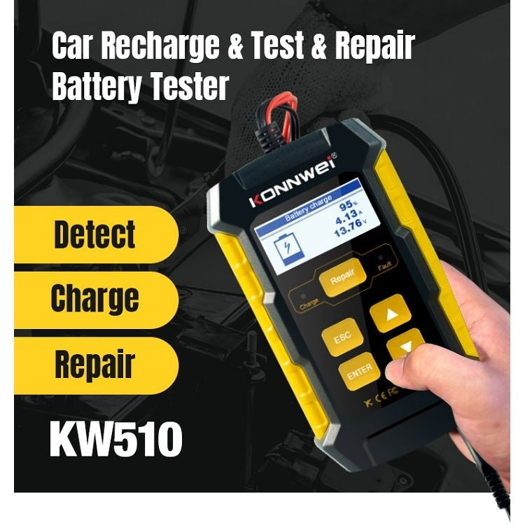 Testeur / Chargeur / Réparateur de batterie de voiture 3 en 1 KONNWEI KW510, prise en charge de 8 langues (prise UE)