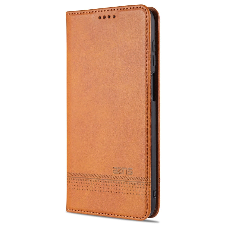 For Samsung Galaxy A12 AZNS Magnetic Calf Texture Horizontal Flip Leather Case with Card Slots & Holder & Wallet(Light Brown)