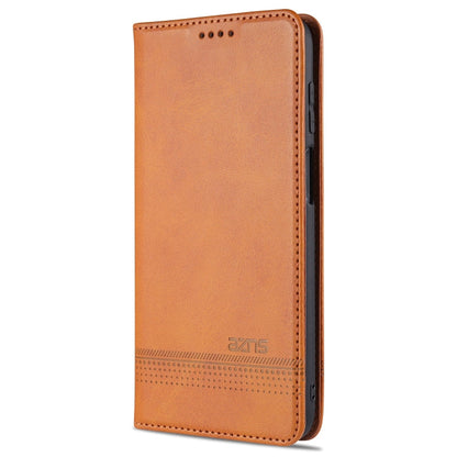 For Samsung Galaxy A12 AZNS Magnetic Calf Texture Horizontal Flip Leather Case with Card Slots & Holder & Wallet(Light Brown)