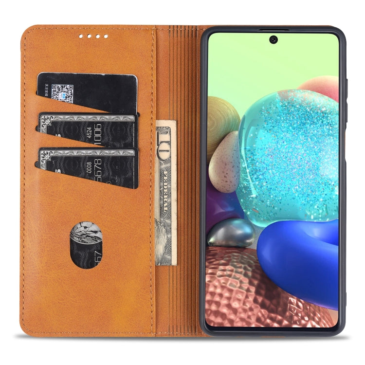 For Samsung Galaxy A12 AZNS Magnetic Calf Texture Horizontal Flip Leather Case with Card Slots & Holder & Wallet(Light Brown)
