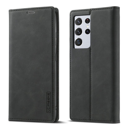Pour Samsung Galaxy S21 Ultra 5G LC.IMEEKE Étui en cuir PU et TPU mat ultra-fin à rabat horizontal avec aimant puissant, support, fentes pour cartes et portefeuille (noir)