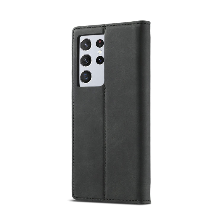 Pour Samsung Galaxy S21 Ultra 5G LC.IMEEKE Étui en cuir PU et TPU mat ultra-fin à rabat horizontal avec aimant puissant, support, fentes pour cartes et portefeuille (noir)