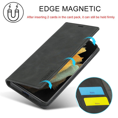 Pour Samsung Galaxy S21 Ultra 5G LC.IMEEKE Étui en cuir PU et TPU mat ultra-fin à rabat horizontal avec aimant puissant, support, fentes pour cartes et portefeuille (noir)