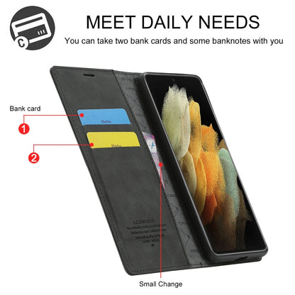 Pour Samsung Galaxy S21 Ultra 5G LC.IMEEKE Étui en cuir PU et TPU mat ultra-fin à rabat horizontal avec aimant puissant, support, fentes pour cartes et portefeuille (noir)