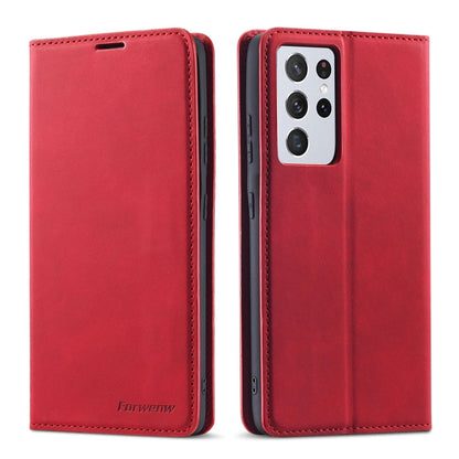 Pour Samsung Galaxy S21 Ultra 5G Étui en cuir à rabat horizontal Forwenw Dream Series à bord huilé, avec support, porte-cartes, portefeuille et cadre photo (Rouge)