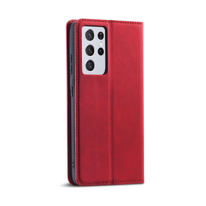 Pour Samsung Galaxy S21 Ultra 5G Étui en cuir à rabat horizontal Forwenw Dream Series à bord huilé, avec support, porte-cartes, portefeuille et cadre photo (Rouge)