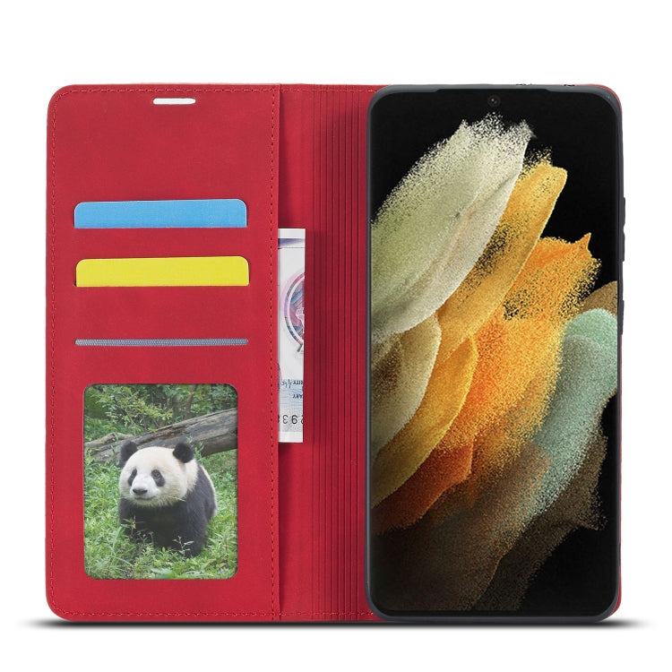 Pour Samsung Galaxy S21 Ultra 5G Étui en cuir à rabat horizontal Forwenw Dream Series à bord huilé, avec support, porte-cartes, portefeuille et cadre photo (Rouge)