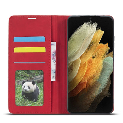 Pour Samsung Galaxy S21 Ultra 5G Étui en cuir à rabat horizontal Forwenw Dream Series à bord huilé, avec support, porte-cartes, portefeuille et cadre photo (Rouge)