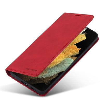 Pour Samsung Galaxy S21 Ultra 5G Étui en cuir à rabat horizontal Forwenw Dream Series à bord huilé, avec support, porte-cartes, portefeuille et cadre photo (Rouge)
