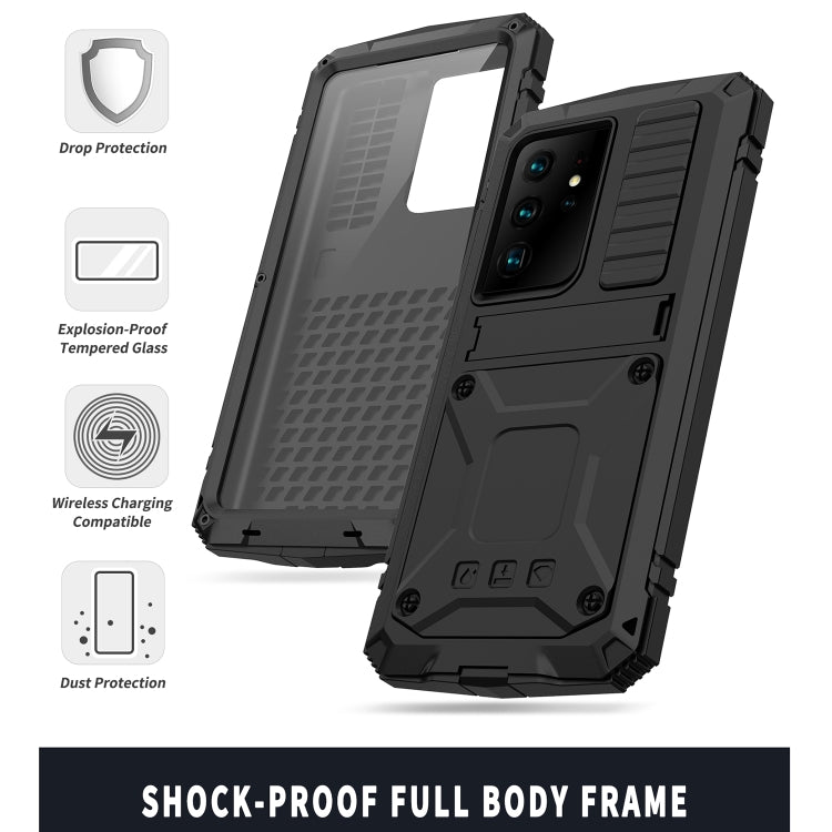 Pour Samsung Galaxy S21 Ultra 5G R-JUST Coque de protection antichoc, étanche à la poussière en métal + silicone avec support (noir)