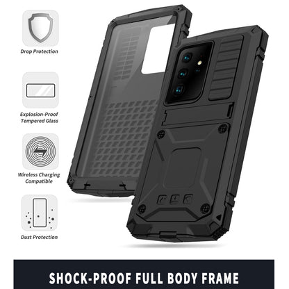 Pour Samsung Galaxy S21 Ultra 5G R-JUST Coque de protection antichoc, étanche à la poussière en métal + silicone avec support (noir)