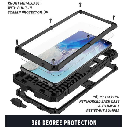 Pour Samsung Galaxy S21 Ultra 5G R-JUST Coque de protection antichoc, étanche à la poussière en métal + silicone avec support (noir)