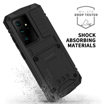 Pour Samsung Galaxy S21 Ultra 5G R-JUST Coque de protection antichoc, étanche à la poussière en métal + silicone avec support (noir)