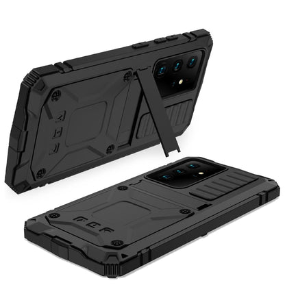 Pour Samsung Galaxy S21 Ultra 5G R-JUST Coque de protection antichoc, étanche à la poussière en métal + silicone avec support (noir)