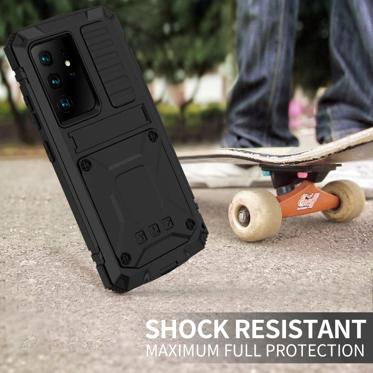 Pour Samsung Galaxy S21 Ultra 5G R-JUST Coque de protection antichoc, étanche à la poussière en métal + silicone avec support (noir)
