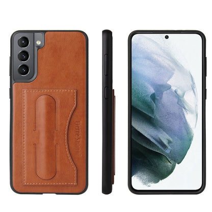 For Samsung Galaxy S21+ 5G Fierre Shann Full Coverage Protective Leather Case with Holder & Card Slot(Brown)