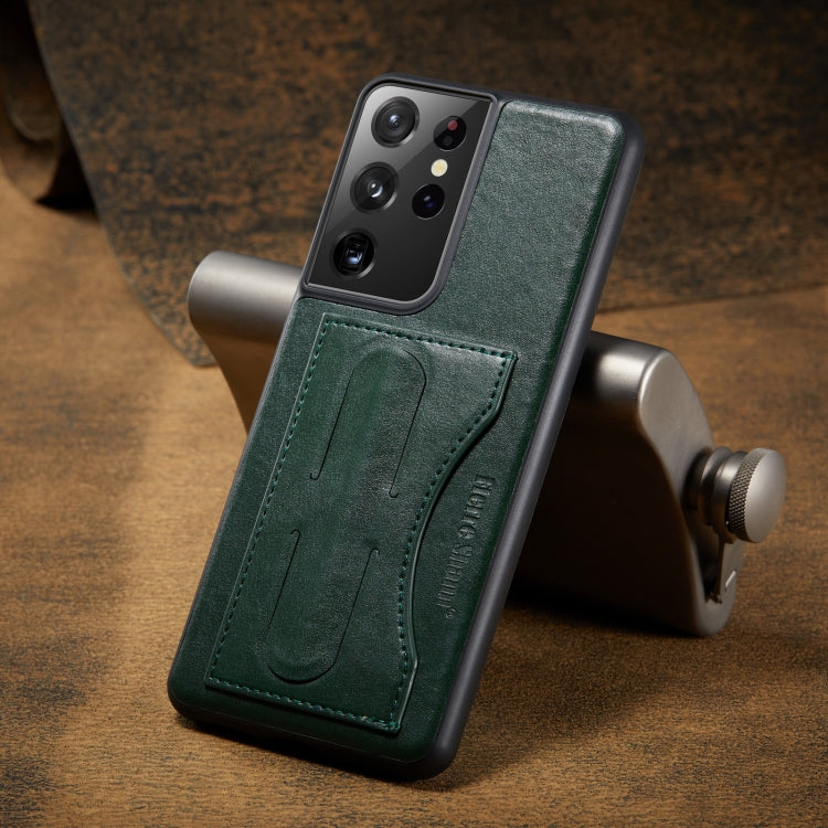 For Samsung Galaxy S21 Ultra 5G Fierre Shann Full Coverage Protective Leather Case with Holder & Card Slot(Green)