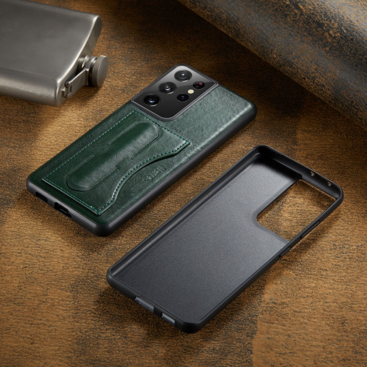 For Samsung Galaxy S21 Ultra 5G Fierre Shann Full Coverage Protective Leather Case with Holder & Card Slot(Green)