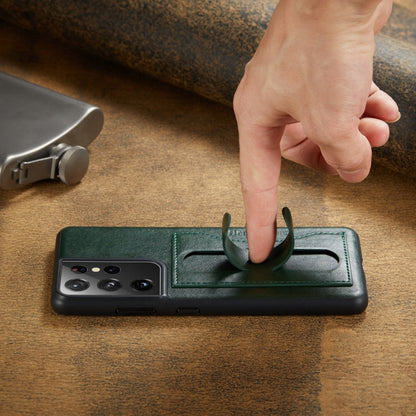 For Samsung Galaxy S21 Ultra 5G Fierre Shann Full Coverage Protective Leather Case with Holder & Card Slot(Green)