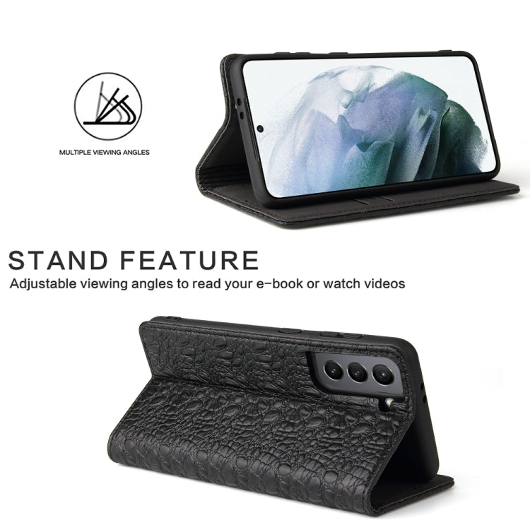 For Samsung Galaxy S21+ 5G Fierre Shann Crocodile Texture Magnetic Horizontal Flip Genuine Leather Case with Holder & Card Slot(Black)