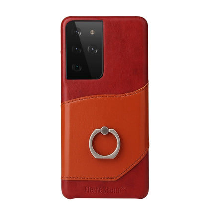 For Samsung Galaxy S21+ 5G Fierre Shann Oil Wax Texture Genuine Leather Back Cover Case with 360 Degree Rotation Holder & Card Slot(Red)