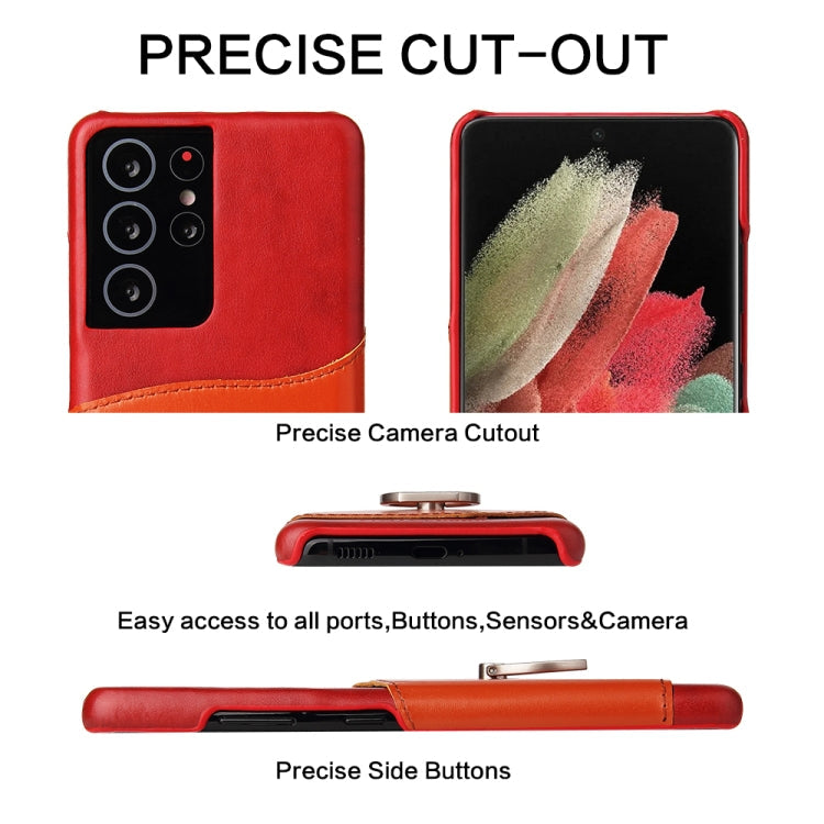 For Samsung Galaxy S21+ 5G Fierre Shann Oil Wax Texture Genuine Leather Back Cover Case with 360 Degree Rotation Holder & Card Slot(Red)