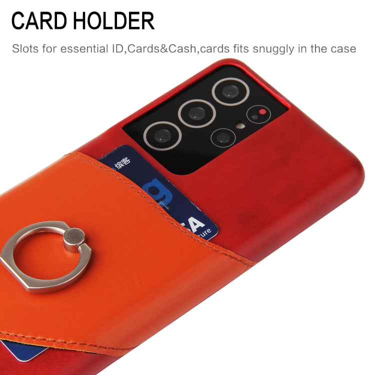 For Samsung Galaxy S21+ 5G Fierre Shann Oil Wax Texture Genuine Leather Back Cover Case with 360 Degree Rotation Holder & Card Slot(Red)