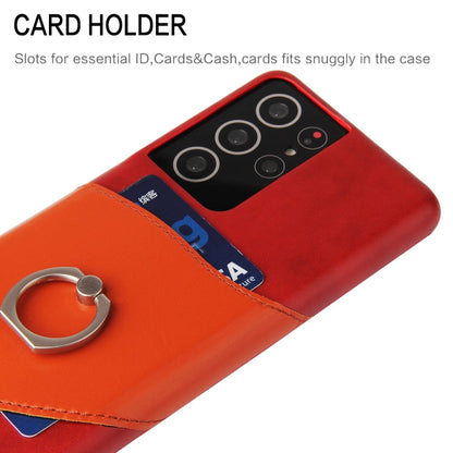 For Samsung Galaxy S21+ 5G Fierre Shann Oil Wax Texture Genuine Leather Back Cover Case with 360 Degree Rotation Holder & Card Slot(Red)