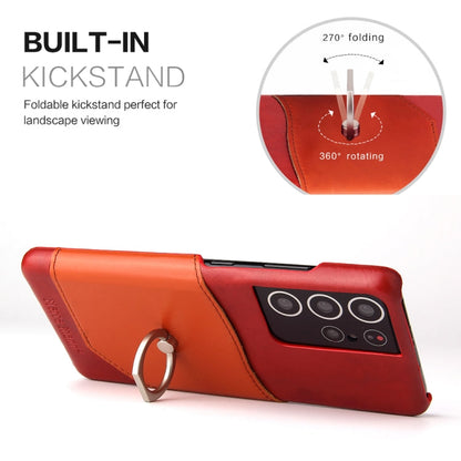 For Samsung Galaxy S21+ 5G Fierre Shann Oil Wax Texture Genuine Leather Back Cover Case with 360 Degree Rotation Holder & Card Slot(Red)