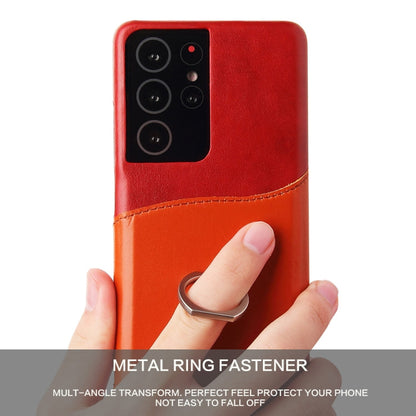For Samsung Galaxy S21+ 5G Fierre Shann Oil Wax Texture Genuine Leather Back Cover Case with 360 Degree Rotation Holder & Card Slot(Red)