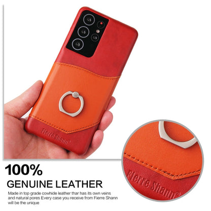 For Samsung Galaxy S21+ 5G Fierre Shann Oil Wax Texture Genuine Leather Back Cover Case with 360 Degree Rotation Holder & Card Slot(Red)