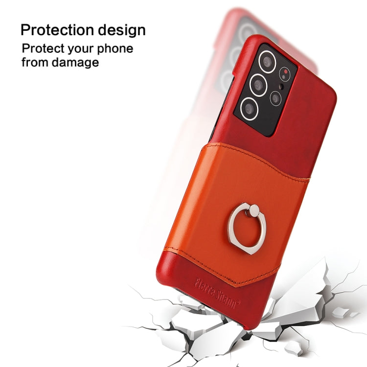 For Samsung Galaxy S21+ 5G Fierre Shann Oil Wax Texture Genuine Leather Back Cover Case with 360 Degree Rotation Holder & Card Slot(Red)