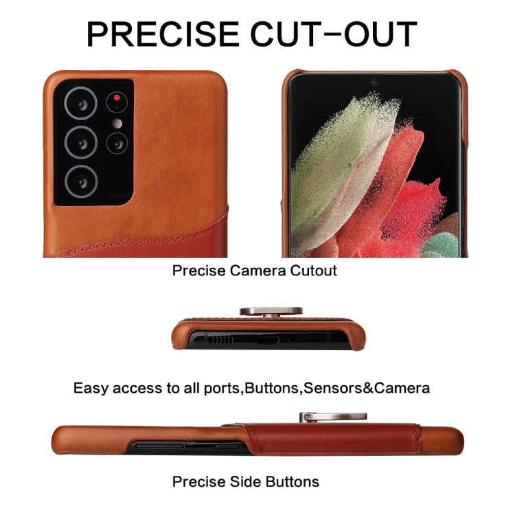 For Samsung Galaxy S21+ 5G Fierre Shann Oil Wax Texture Genuine Leather Back Cover Case with 360 Degree Rotation Holder & Card Slot(Brown)