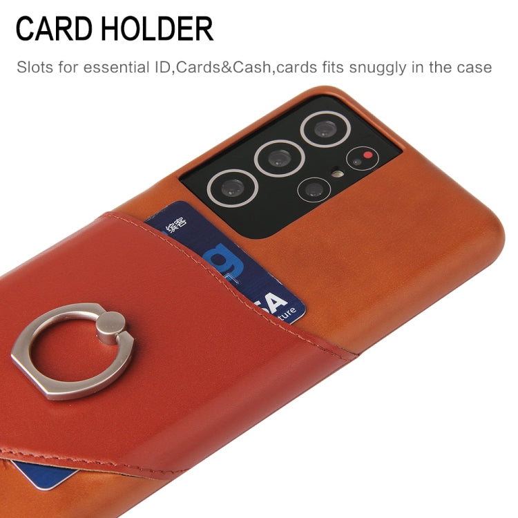 For Samsung Galaxy S21+ 5G Fierre Shann Oil Wax Texture Genuine Leather Back Cover Case with 360 Degree Rotation Holder & Card Slot(Brown)