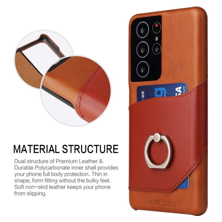For Samsung Galaxy S21+ 5G Fierre Shann Oil Wax Texture Genuine Leather Back Cover Case with 360 Degree Rotation Holder & Card Slot(Brown)