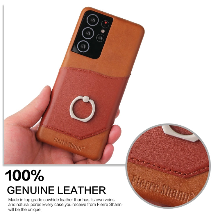 For Samsung Galaxy S21+ 5G Fierre Shann Oil Wax Texture Genuine Leather Back Cover Case with 360 Degree Rotation Holder & Card Slot(Brown)